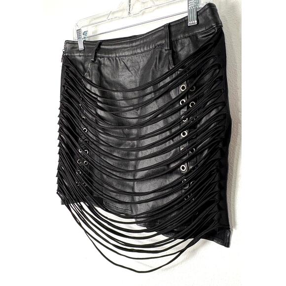 Punk Rave Steampunk Goth Tassel Shred Slasher Vegan Leather Mini Skirt Black M - Picture 6 of 12